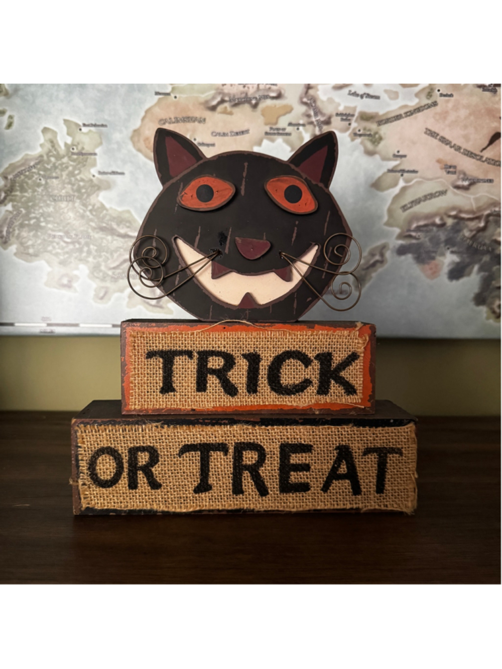 Primitive Halloween Black Cat “Trick or Treat” Wooden Word Sign